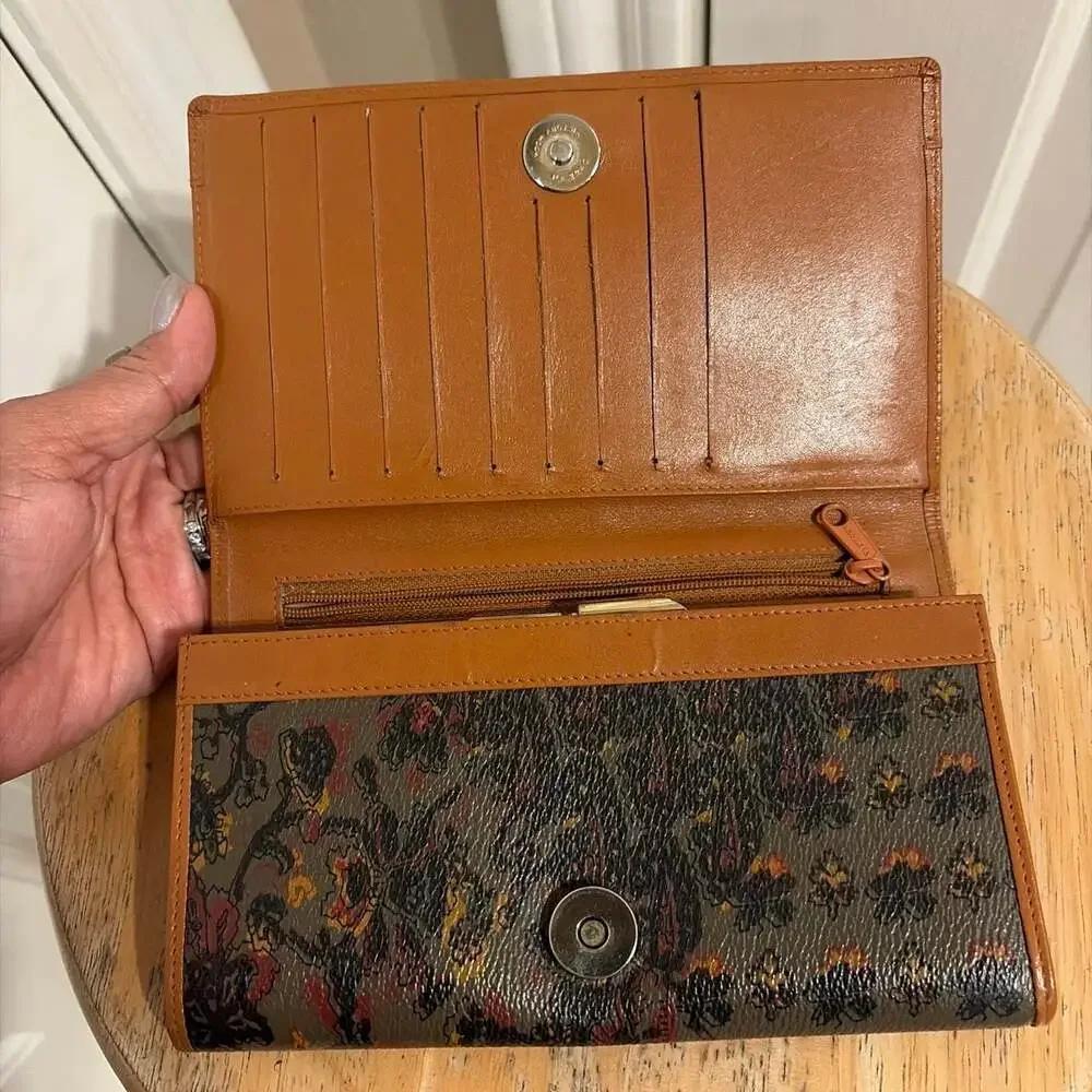 Escada Vintage Leather Printed Continental Wallet with Gold Plaque